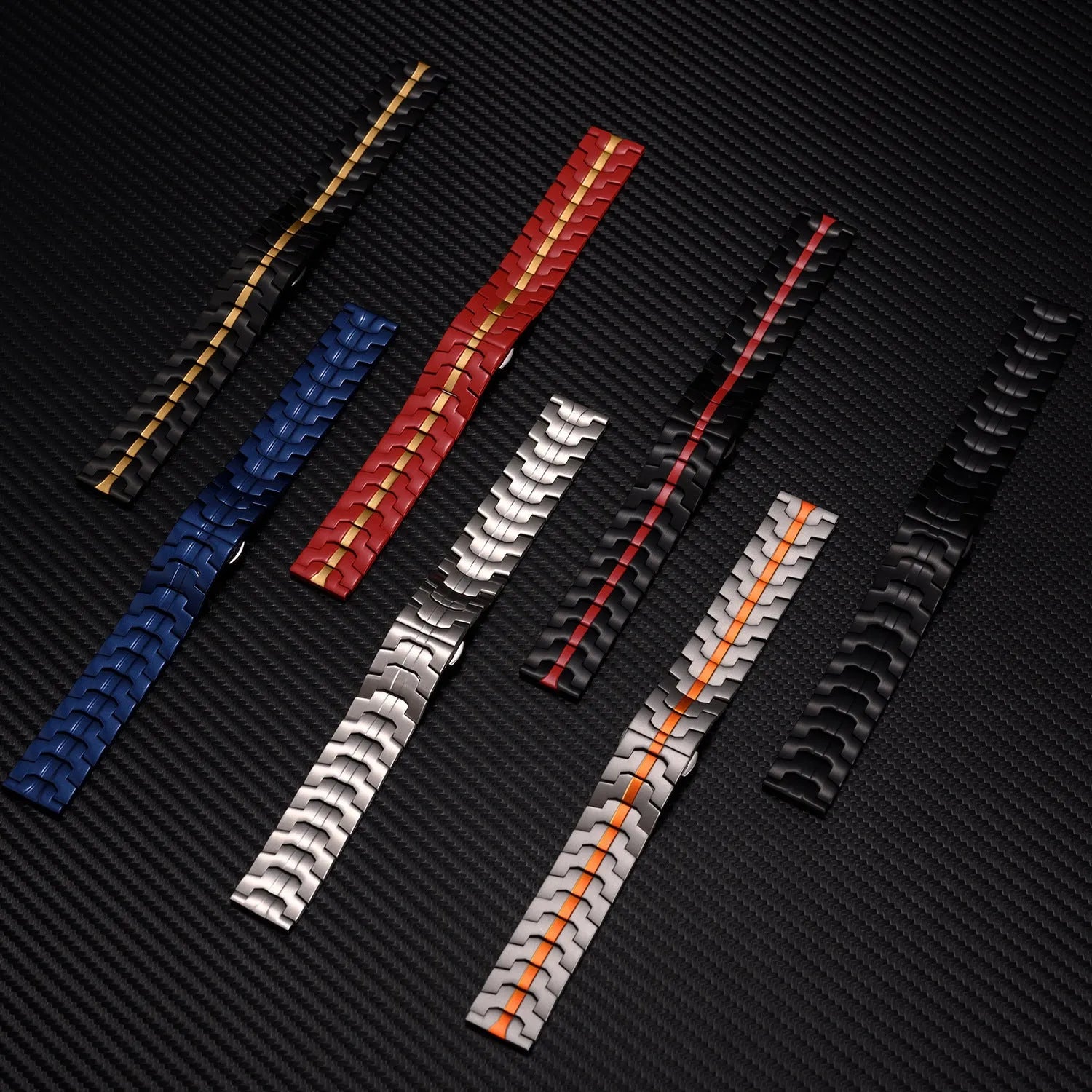 Stainless steel Samsung Galaxy Watch replacement band in silver, shown attached to a watch.