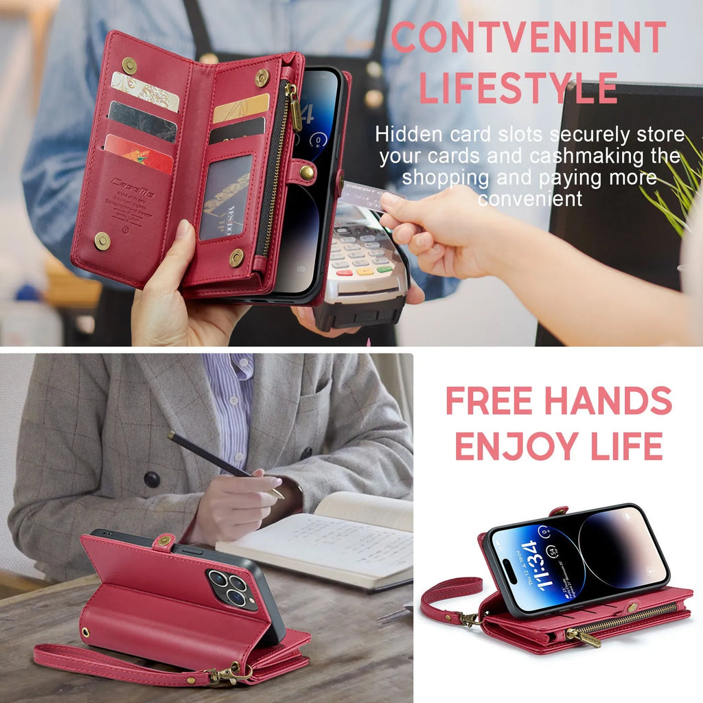Wallet phone case in black imitation leather with card slots, bracket, and lanyard, designed for iPhone 12 to 15 series
