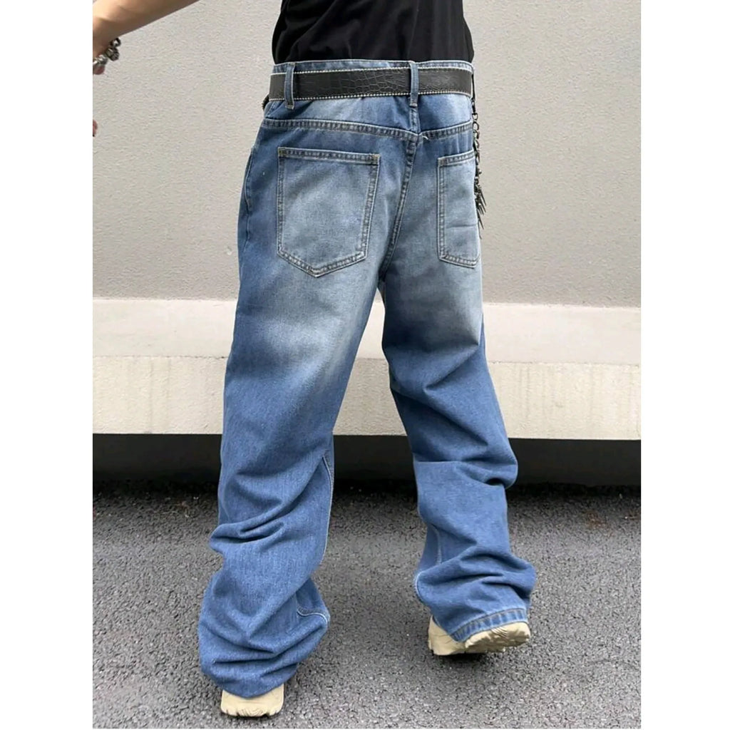 Men's sky blue straight leg jeans in cotton denim with loose fit, zip fly and casual style