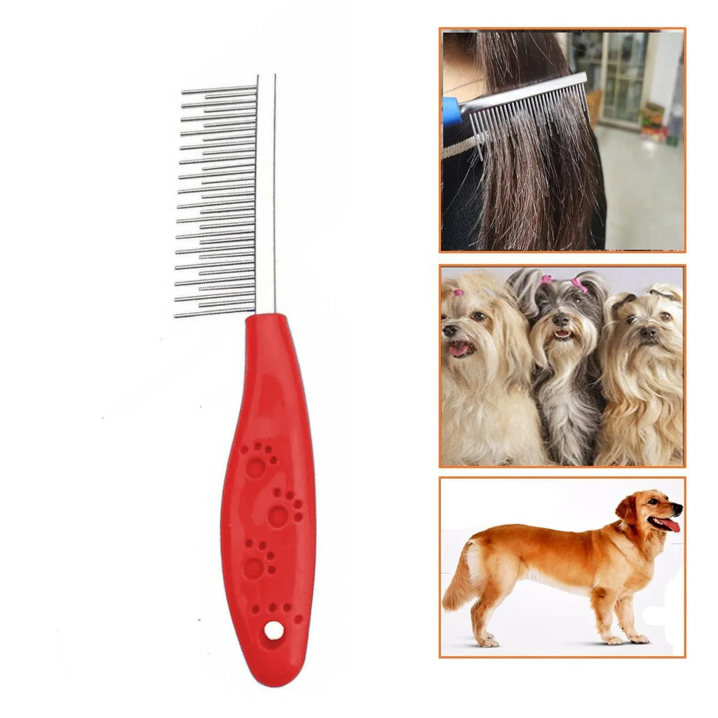 Red plastic handle pet grooming comb with short and long stainless steel detangling teeth.