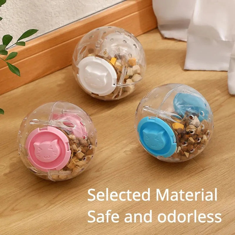 Blue ABS plastic slow feeder ball for dogs and cats measuring 11.5cm in diameter