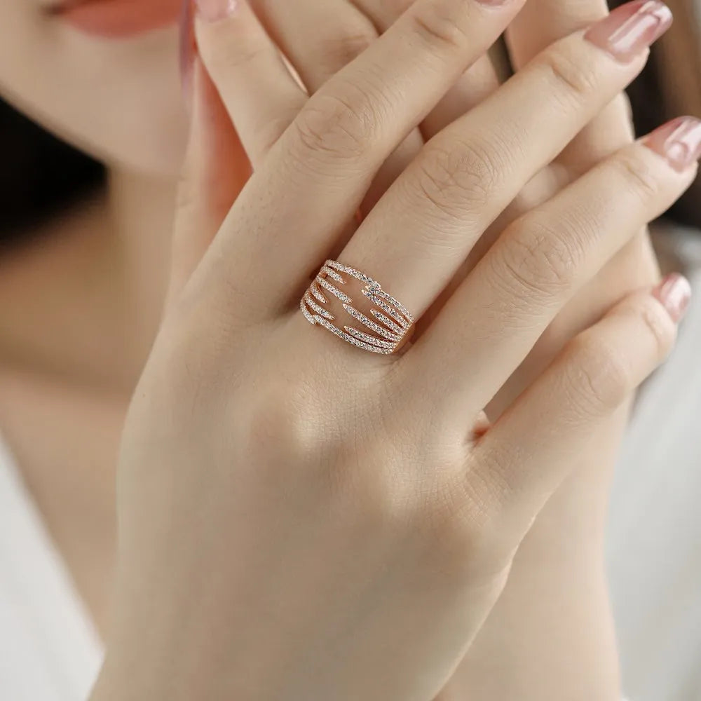 S925 sterling silver women's ring with multi-layer irregular line design and diamond accent in silver or rose gold