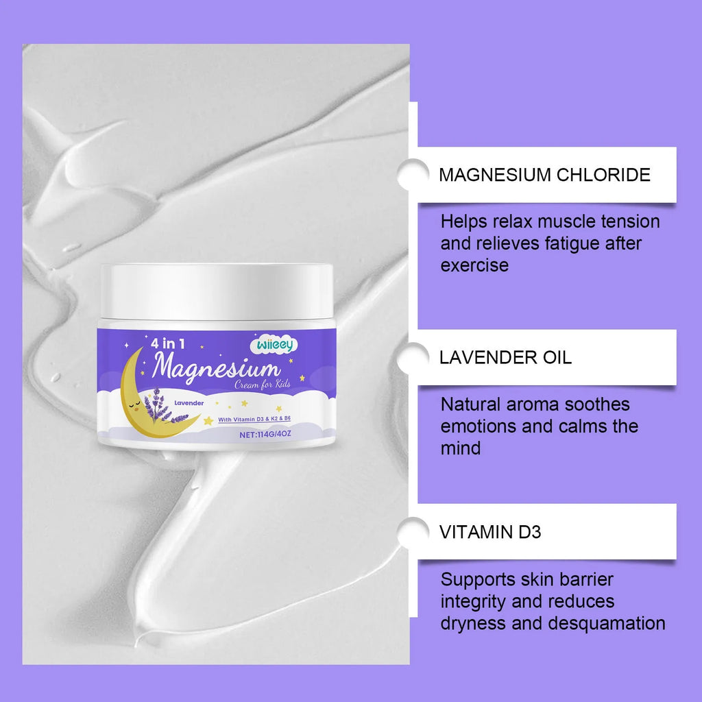 114g jar of lavender-scented 4-in-1 magnesium cream for kids with vitamins