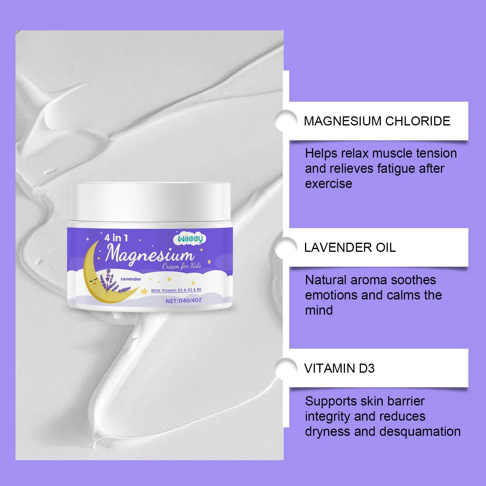 114g jar of lavender-scented 4-in-1 magnesium cream for kids with vitamins