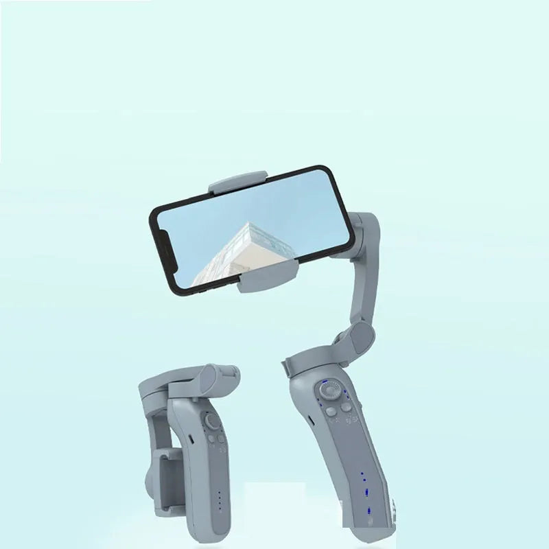L7B PRO folding three-axis mobile phone gimbal stabiliser shown both unfolded and in compact folded position