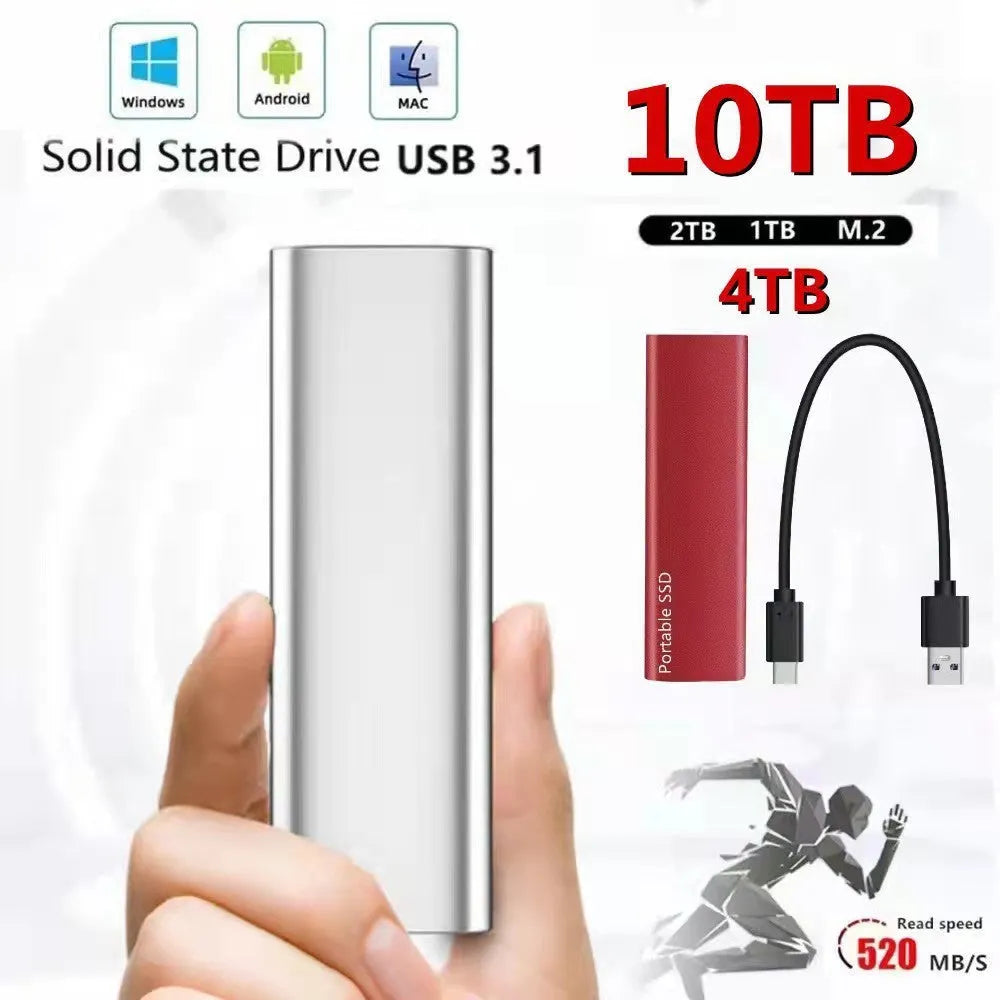Ultra-thin metal mobile SSD for external storage and high-speed data transfer.