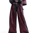 Heavy industry rivets leather vest coat with lapel collar and matching red pants set