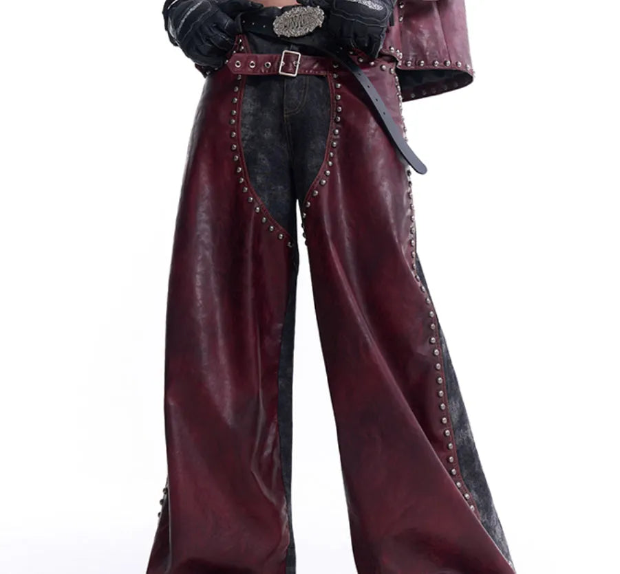 Heavy industry rivets leather vest coat with lapel collar and matching red pants set