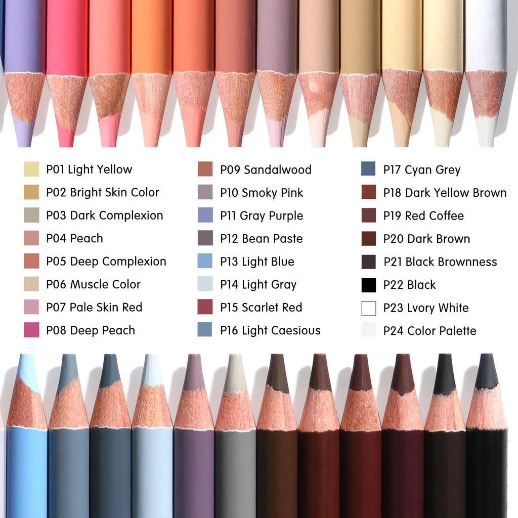 Set of 24 skin colour portrait pencils in an iron box round brush pot.