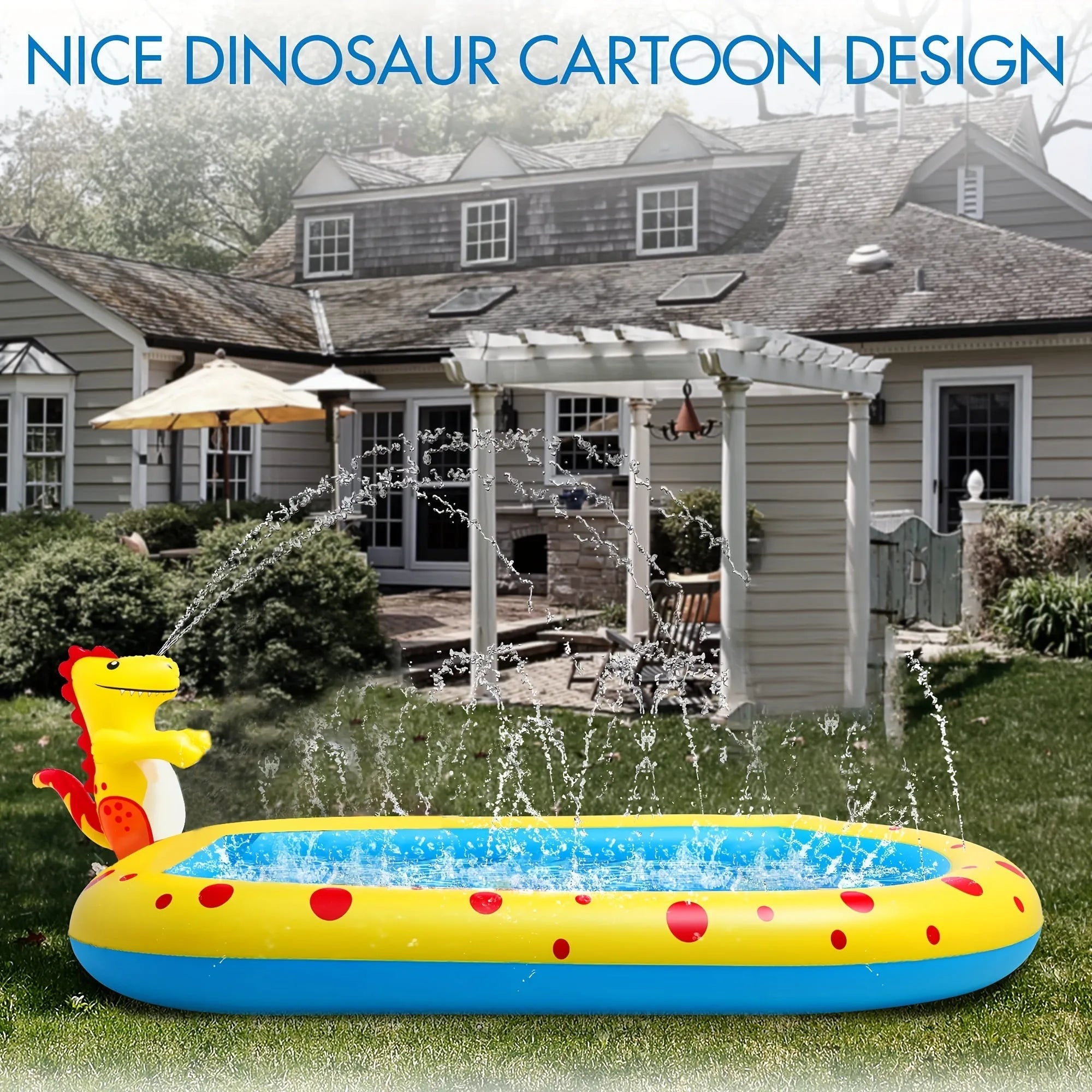 Blue inflatable dinosaur shark shaped water play pool for children in garden