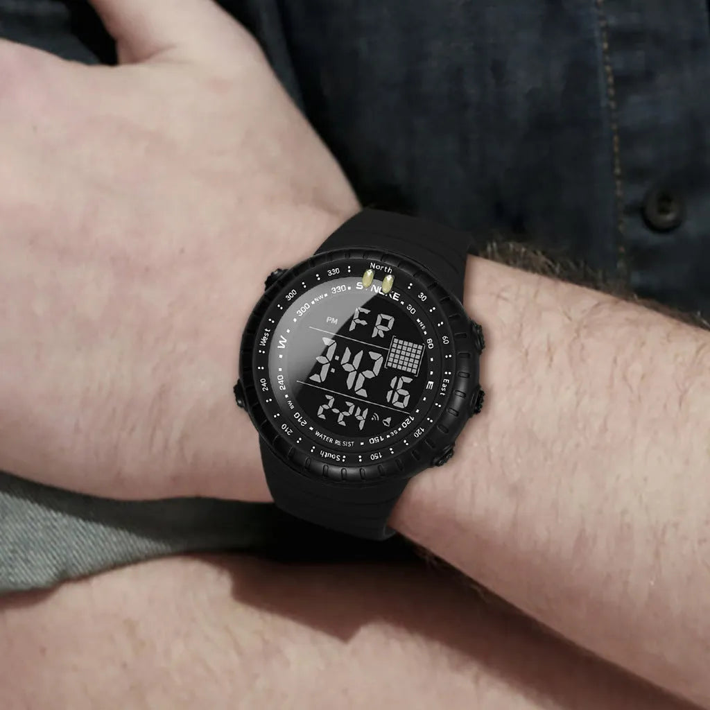 Black men's waterproof digital outdoor watch with large dial on a PU strap.