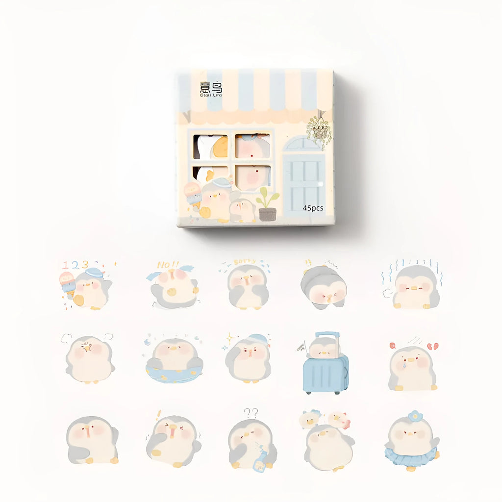 Pack of cute penguin 'Little naive' style paper stickers for account books, 20-50mm wide.