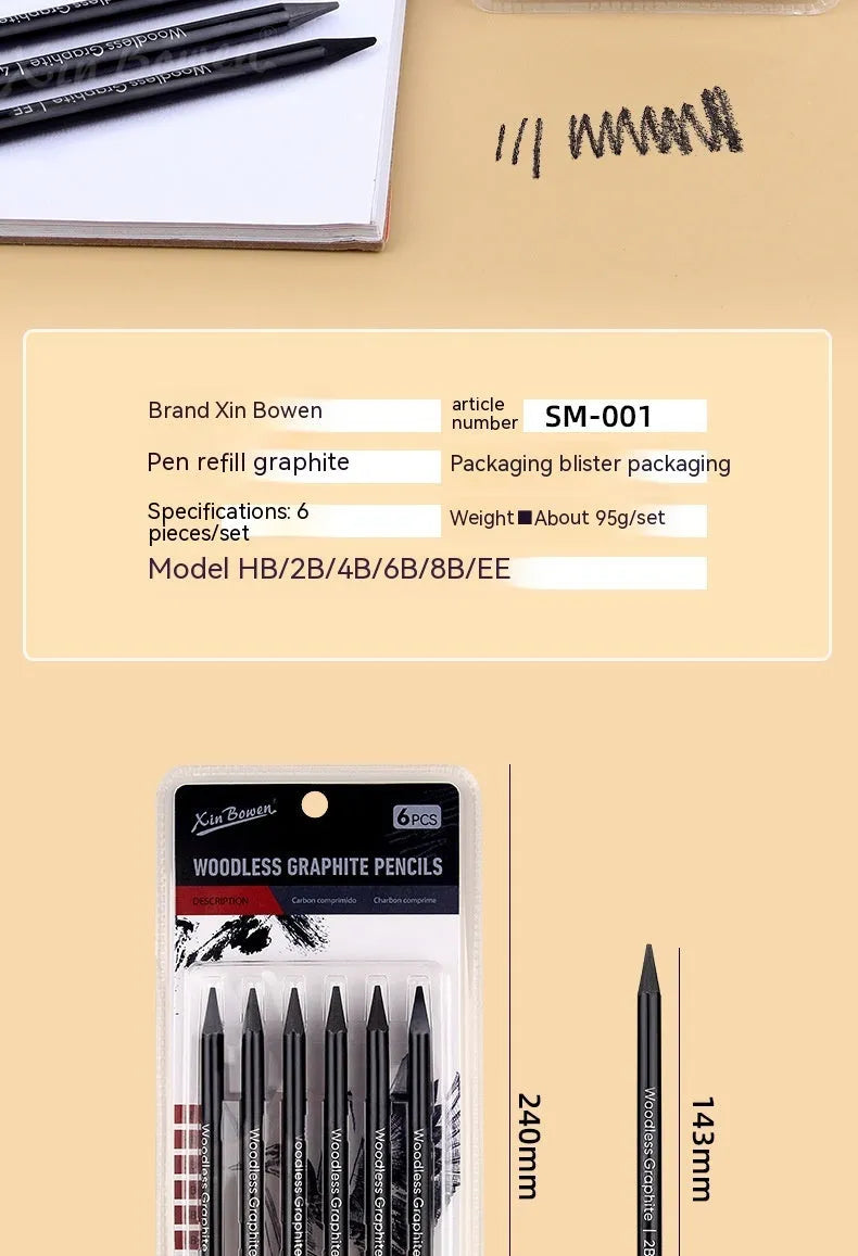 Set of wood-free graphite sketching pencils in grades HB, 2B, 4B, 6B, 8B, and EE.