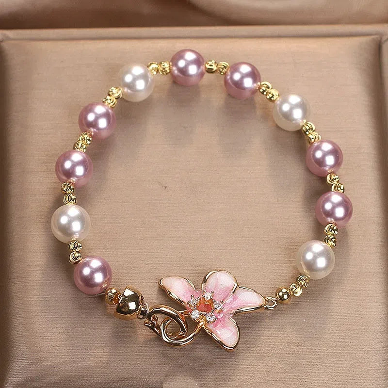 New Chinese style wisteria flower bracelet in pink imitation pearl for women