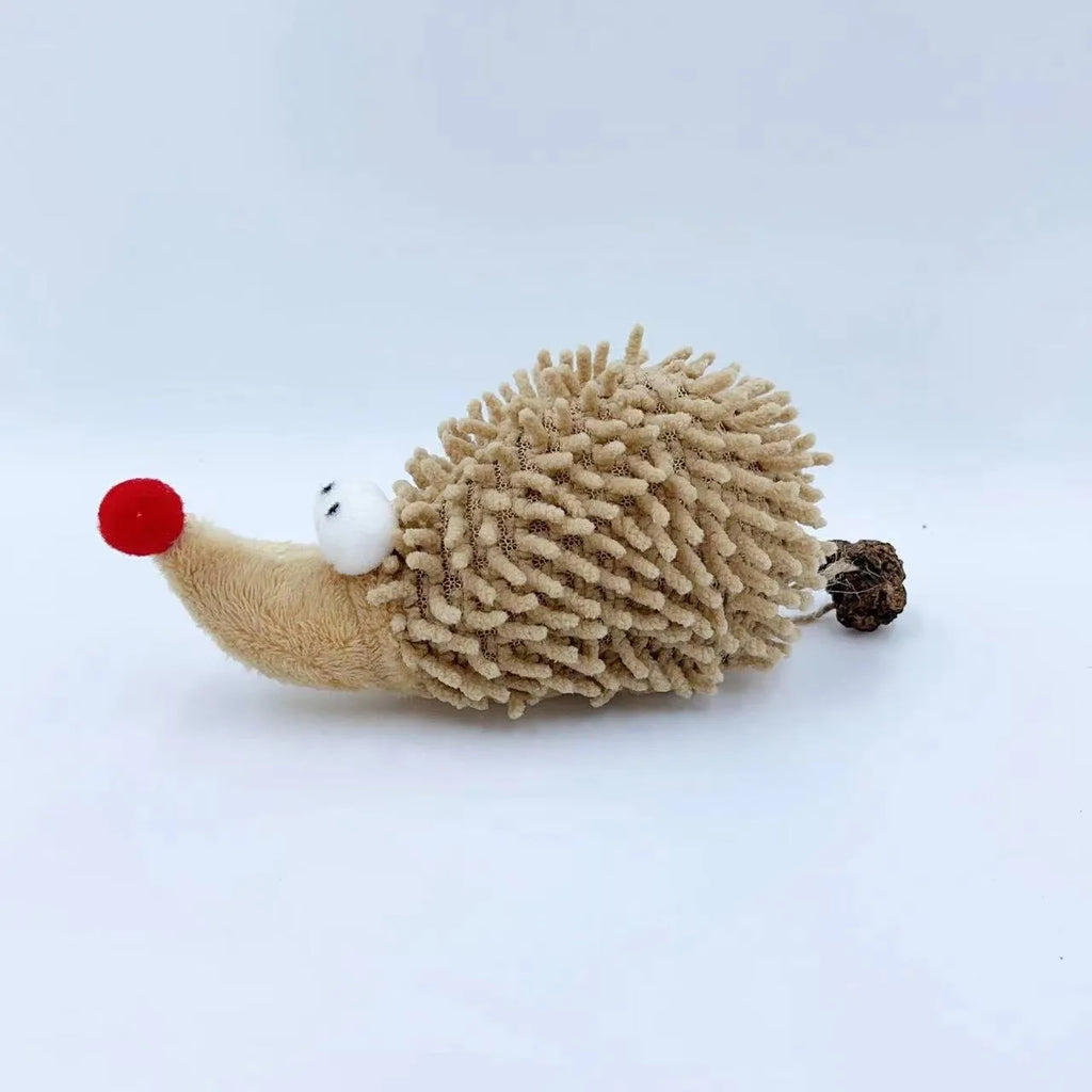 Khaki plush cartoon hedgehog cat toy made from chenille and stretch cotton with catnip and worm achene