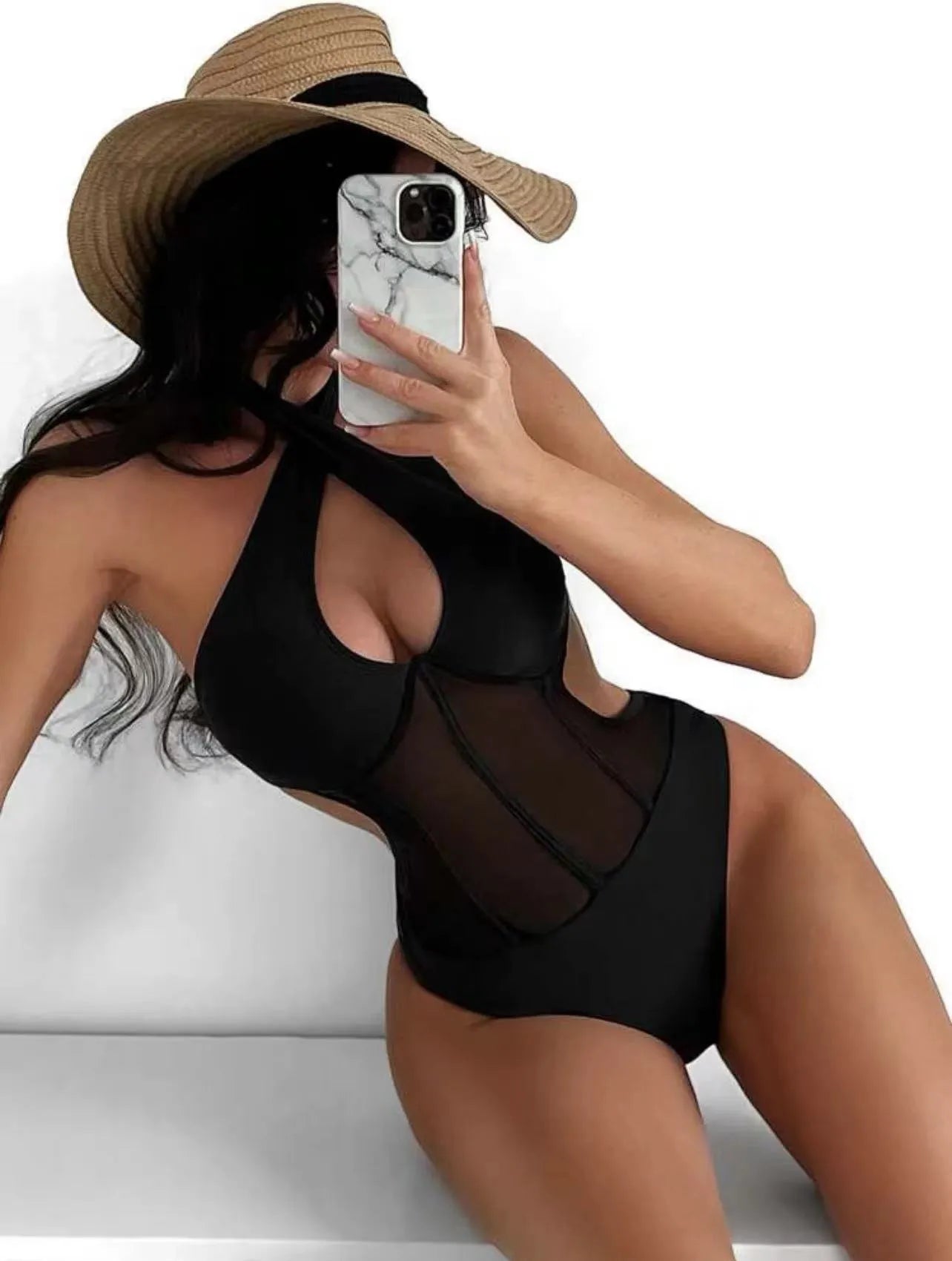 Women's black one-piece swimsuit bikini in spun yarn fabric with nylon polyester spandex blend