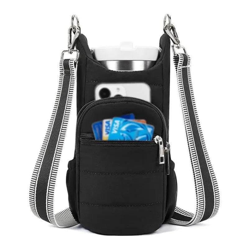 Cloth bicycle water bottle bag in modern minimalist style showing black, pink and beige colour options