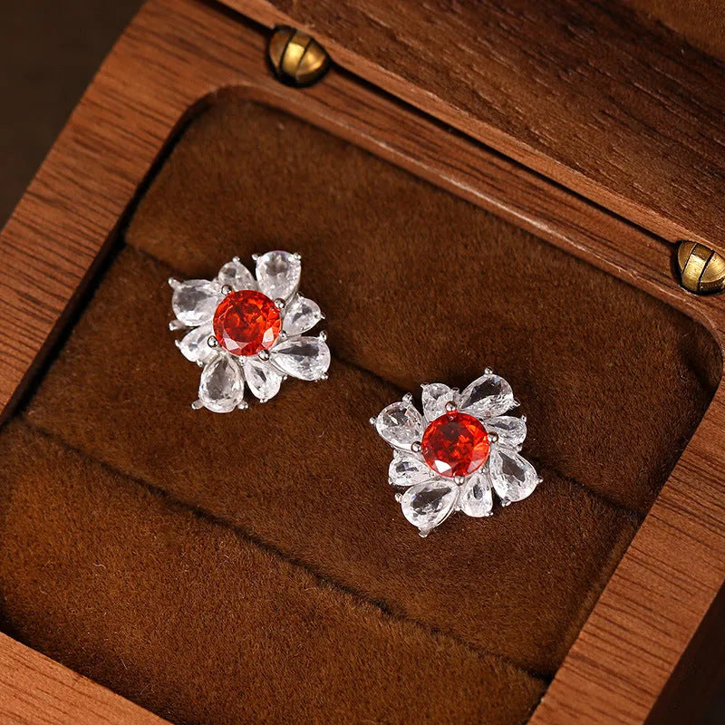 Women's sterling silver retro earrings with platinum plating and geometric pigeon red design