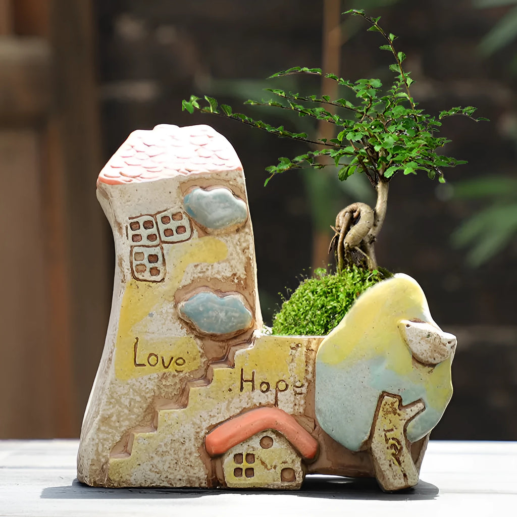 Ceramic combination flower pot with hand-painted pastoral design for plant display