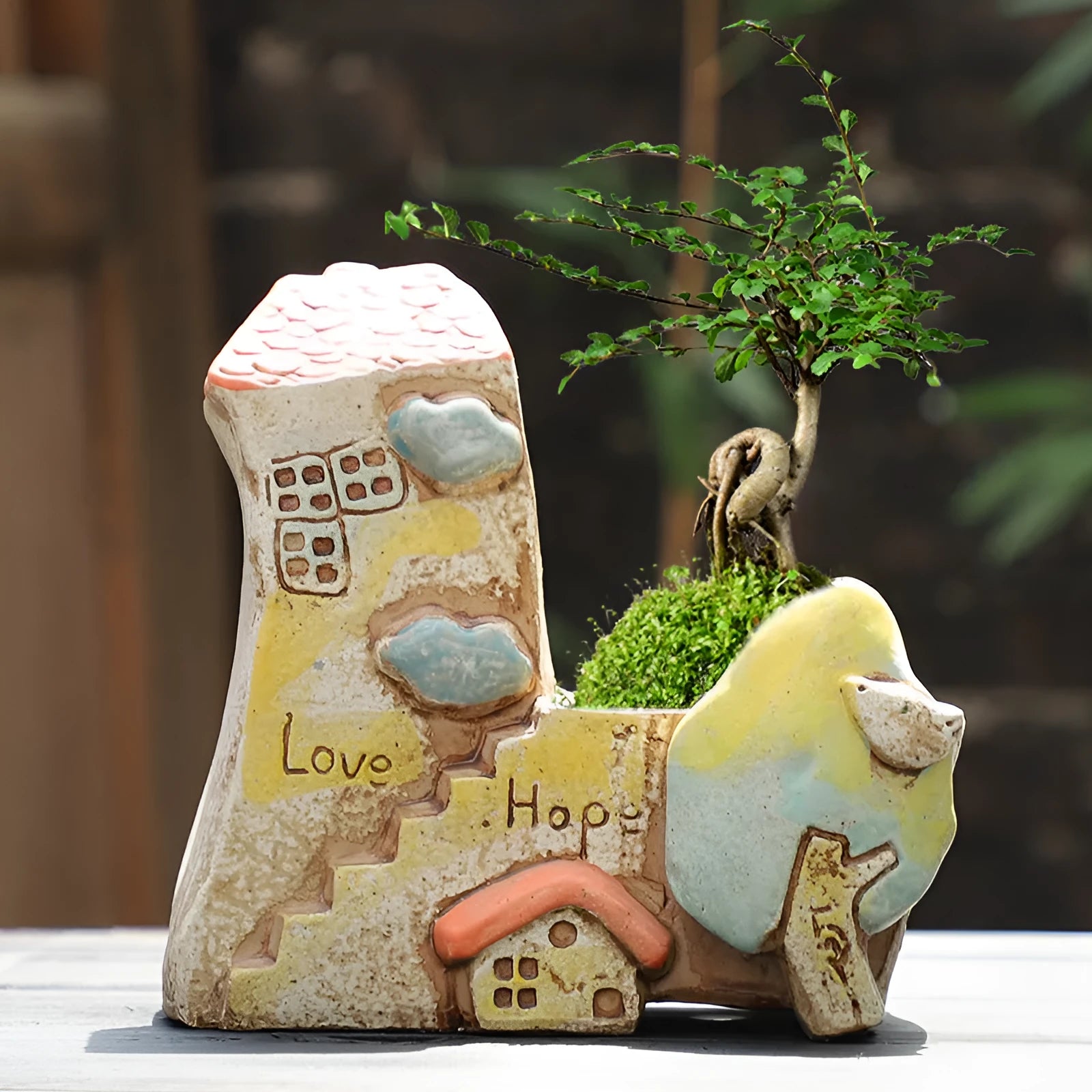 Ceramic combination flower pot with hand-painted pastoral design for plant display