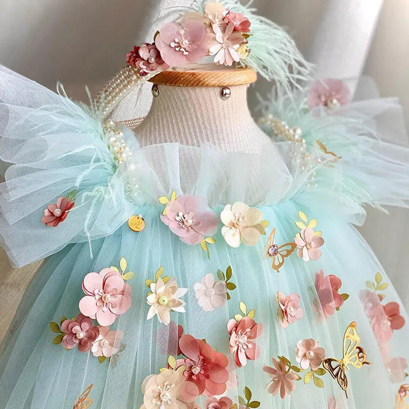 Children's princess dress with flower and butterfly embroidery on bodice in picture colour