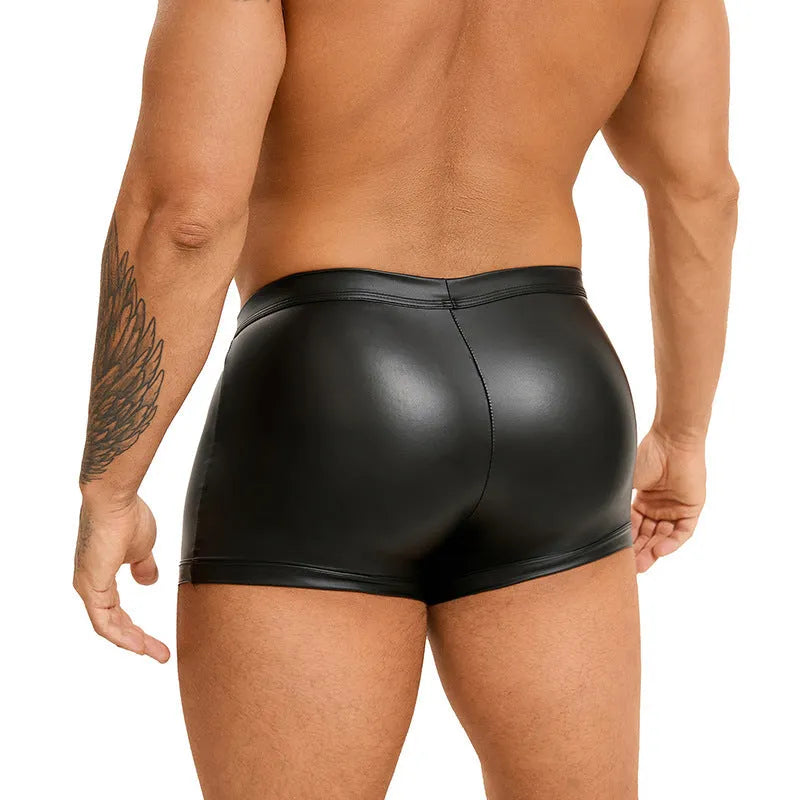 Men's black PU leather boxer shorts with pouch front design on mannequin