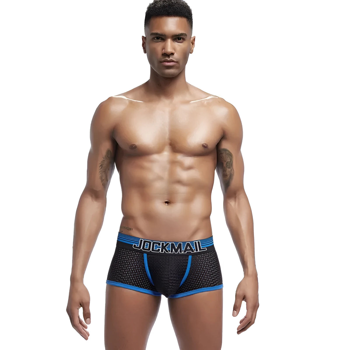 Men's nylon mesh boxer shorts with U convex design, middle waist, available in blue, green, red, and yellow