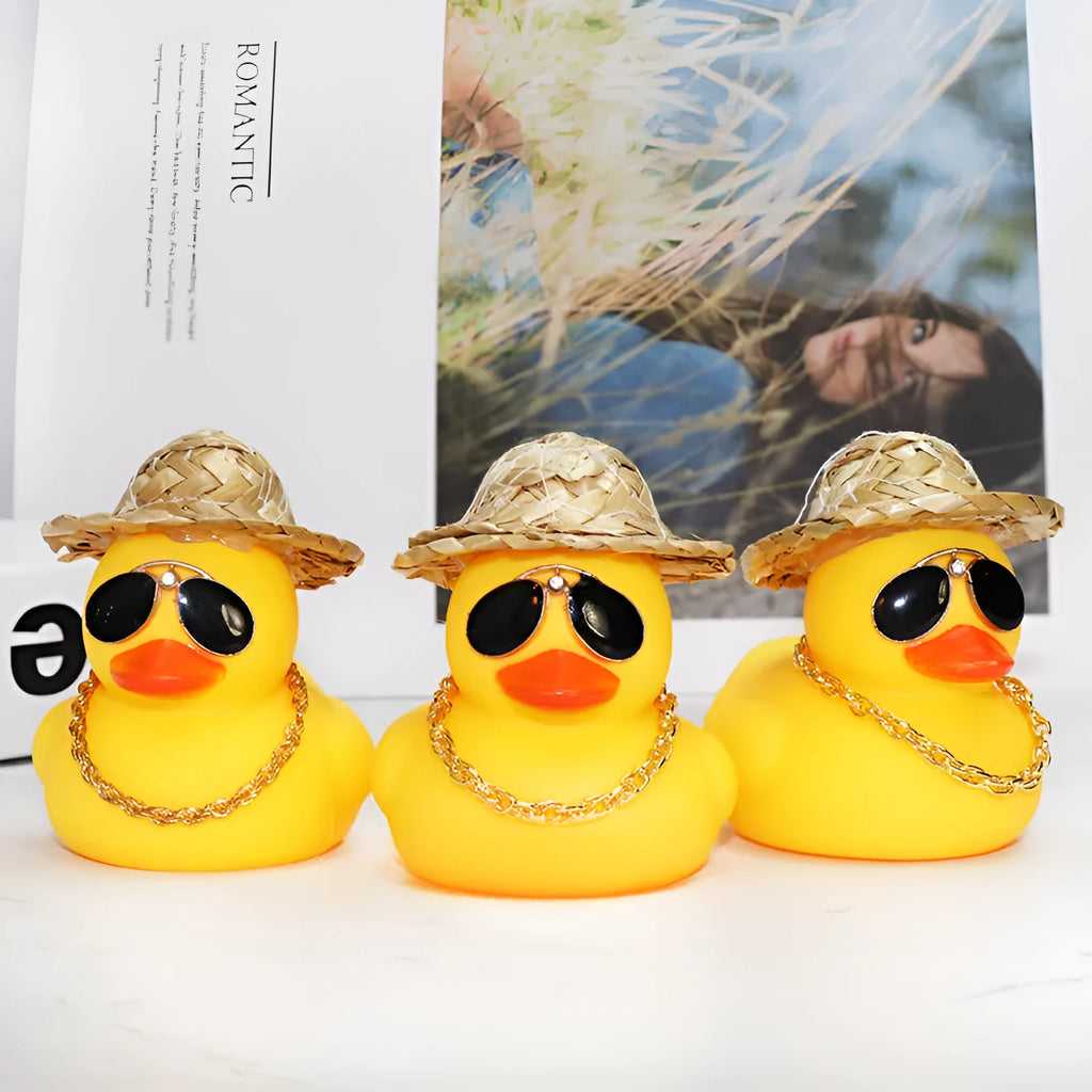 Cartoon straw hat yellow duck car decoration with matte finish on dashboard
