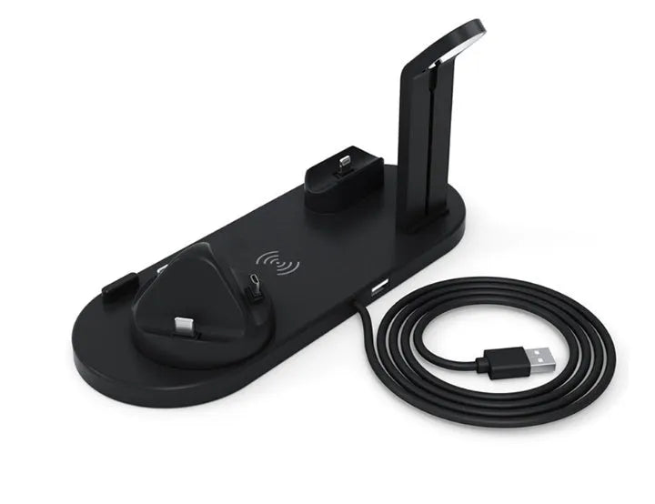 Desktop stand three-in-one wireless charger for phone, watch, and earbuds in black