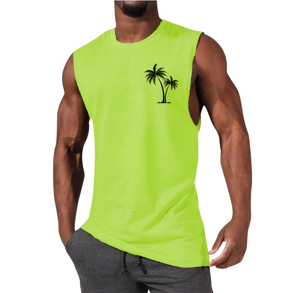 Mens loose sleeveless vest with digital print, straight hem, polyester milk silk fabric, summer casual top
