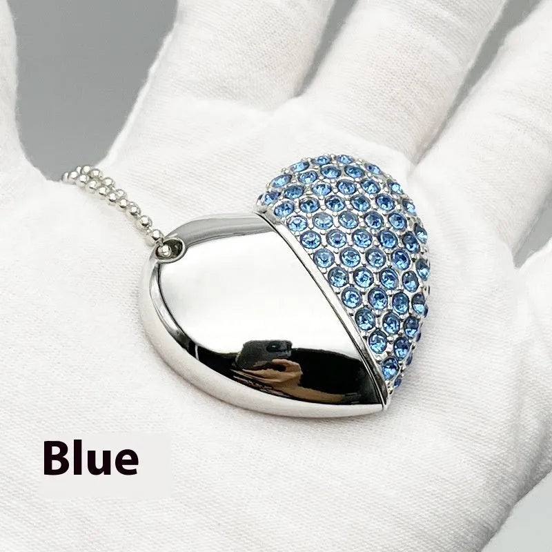 Creative heart-shaped USB flash drive with brick-inlaid pattern and metal shell in various colours.