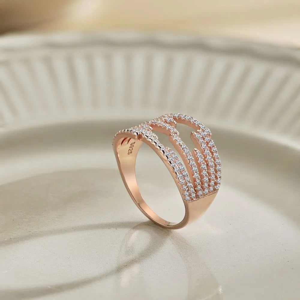 S925 sterling silver women's ring with multi-layer irregular line design and diamond accent in silver or rose gold