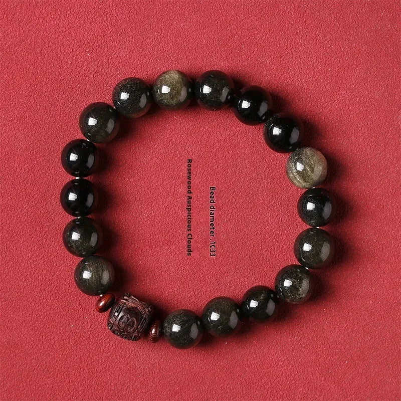 Hand-woven vintage bracelet with 10mm golden obsidian beads in retro style with national design elements