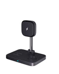 Black desktop magnetic wireless three-in-one charger with cooling bracket for phone watch earbuds