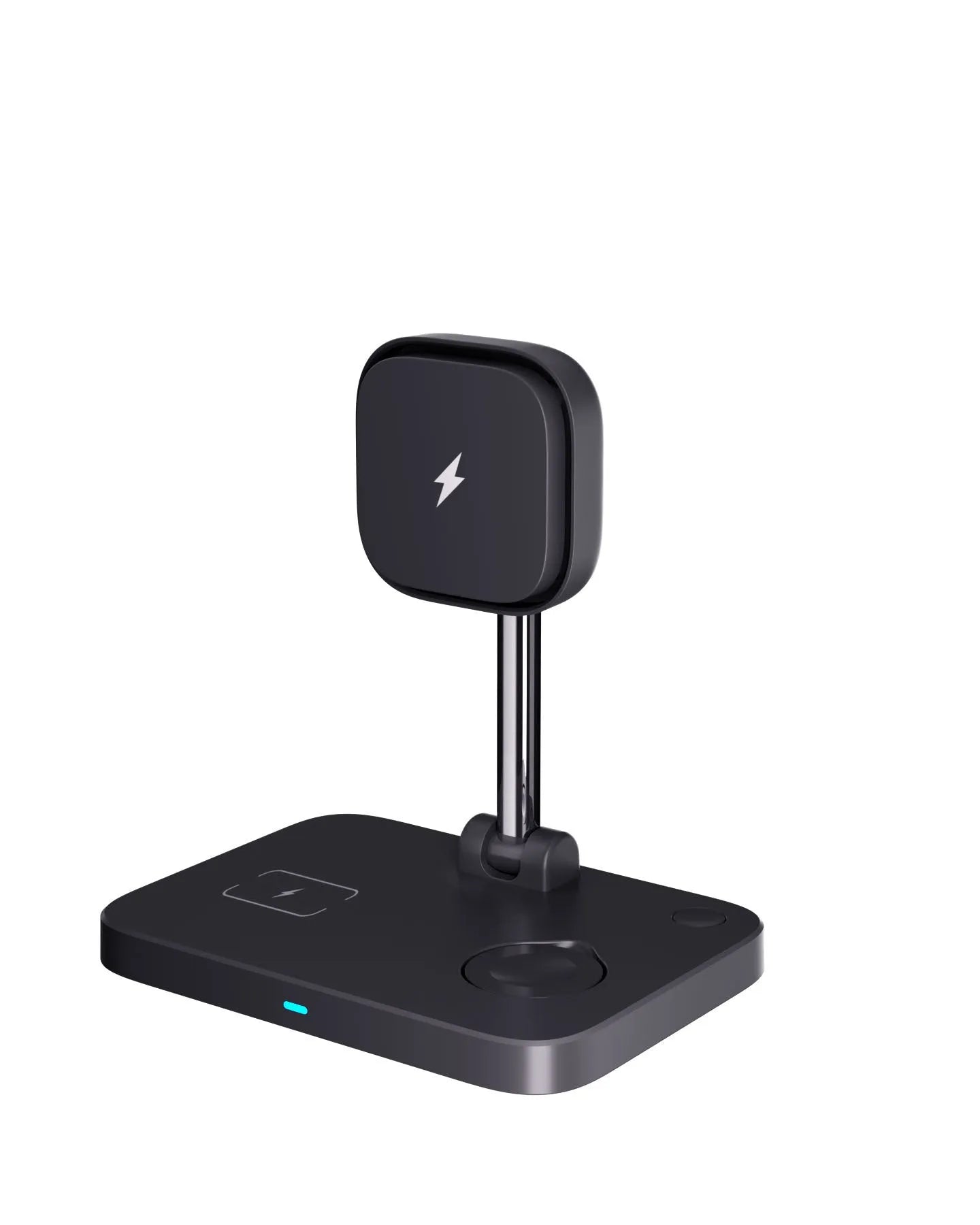 Black desktop magnetic wireless three-in-one charger with cooling bracket for phone watch earbuds