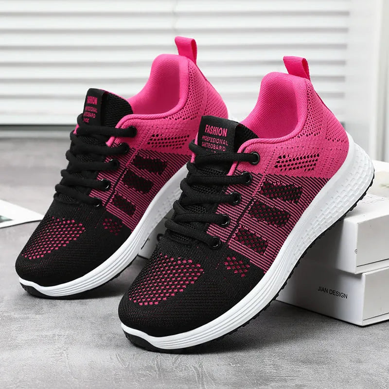 Women's running shoes with Flyknit upper and soft sole in black, rose red or grey pink colours