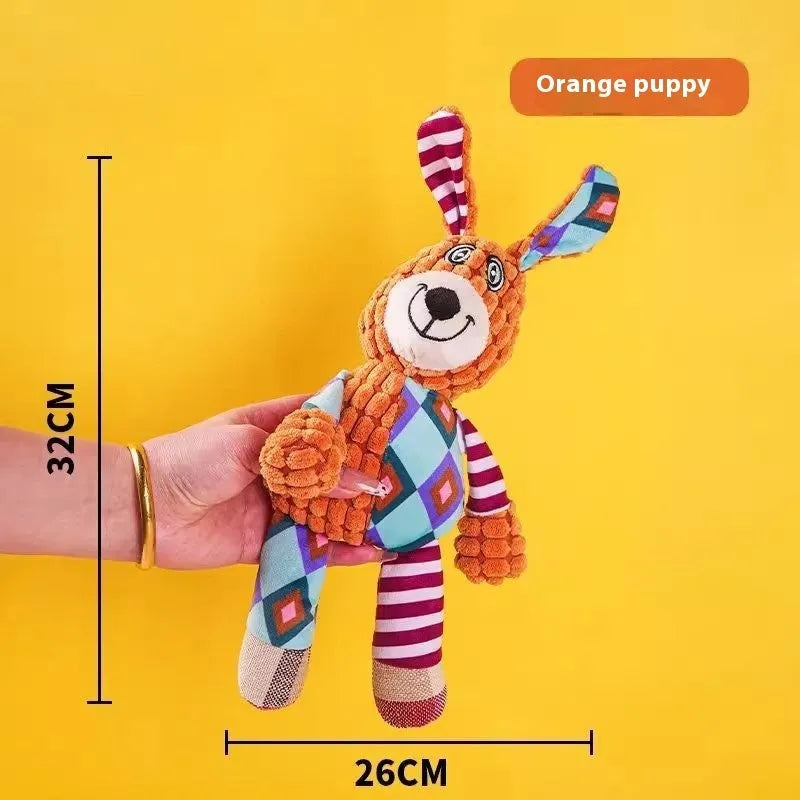 Soft plush puppy toy in character styles including a rechargeable duck, a donkey, a blue elephant, a vertigo dog, and a winky elephant.