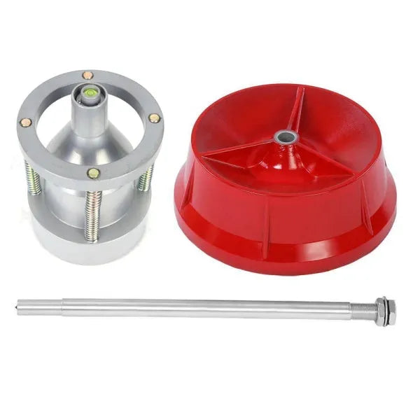 Portable aluminium hub balancer with bull's eye level on an enamel-finished base for tyre balancing.