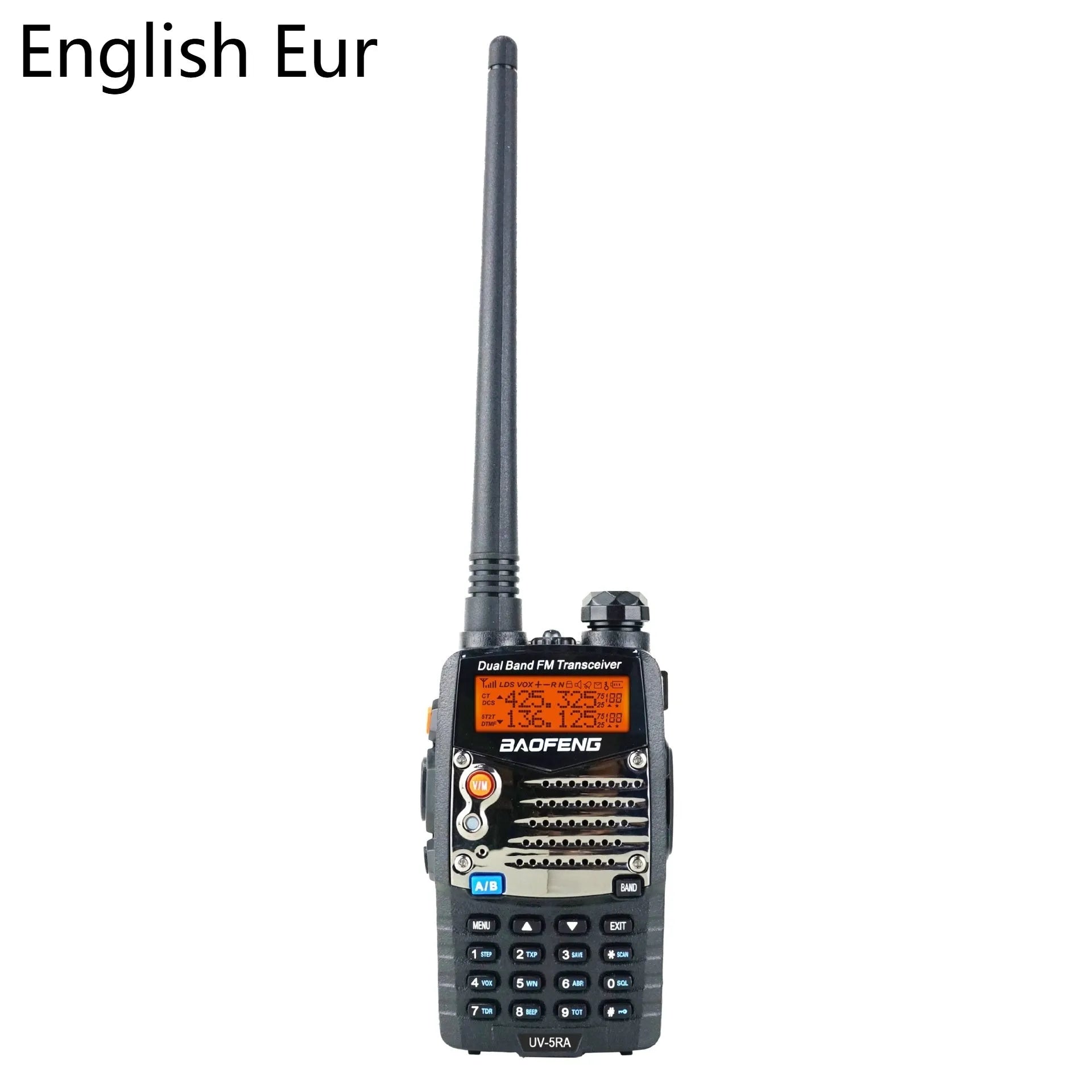 Baofeng UV-5RA dual-band walkie talkie with dual display and multiple headset configuration options