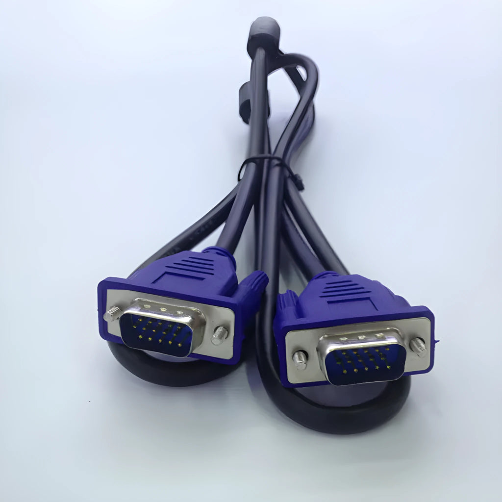 Black VGA cable with blue connector heads, 1.5 metre length for computer to monitor video connection