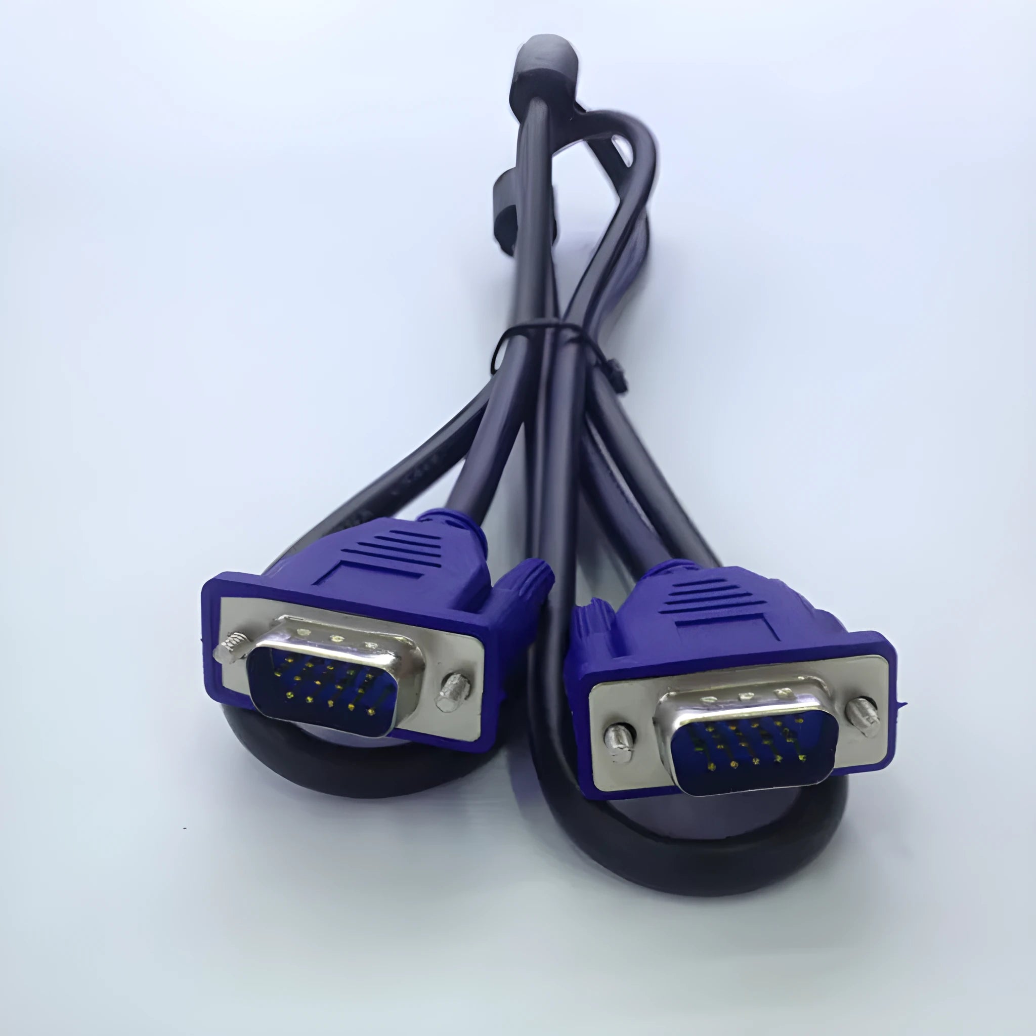 Black VGA cable with blue connector heads, 1.5 metre length for computer to monitor video connection