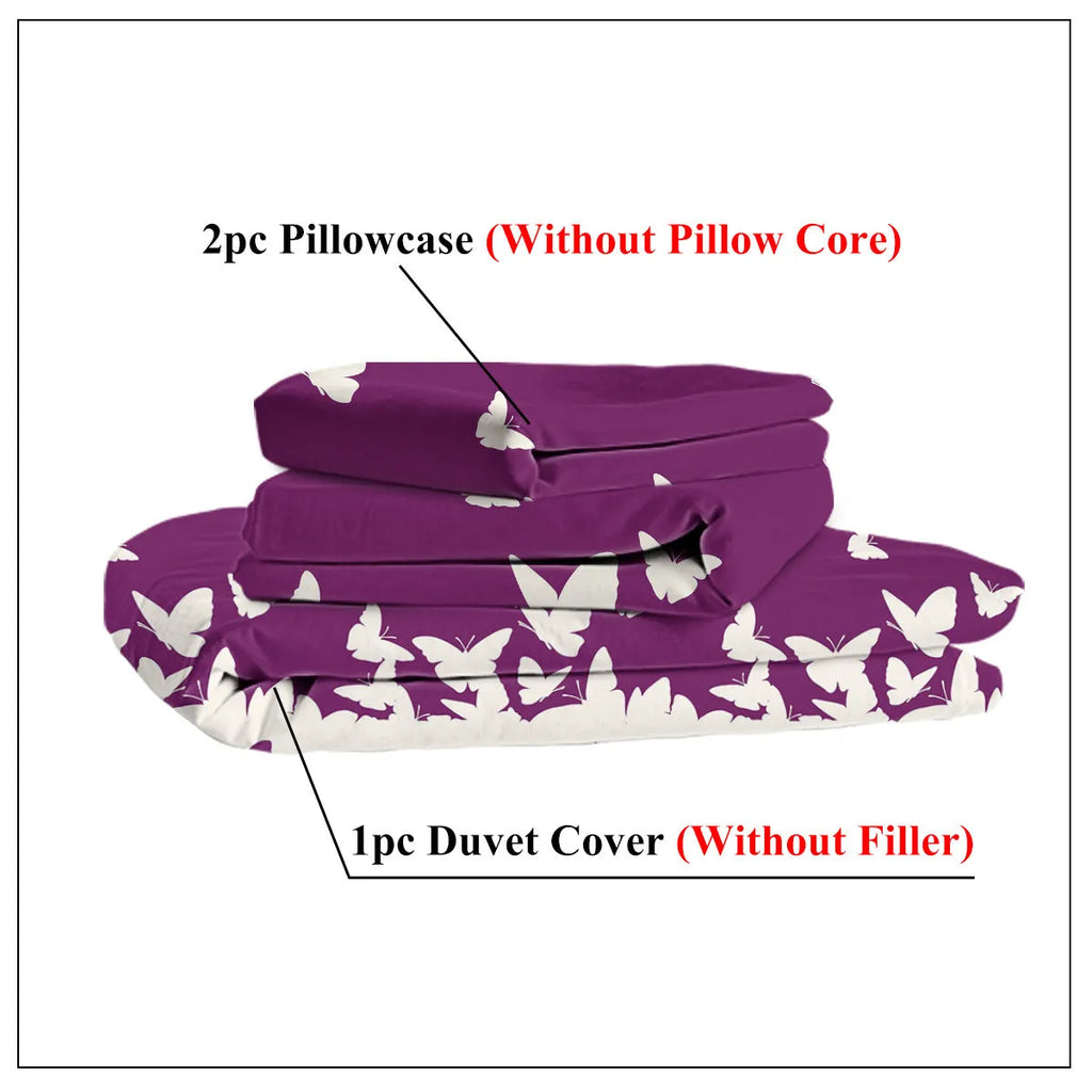 Purple butterfly 3-piece microfiber comforter set with reversible design on a bed
