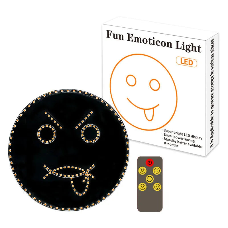 Black car rear window LED expression light showing orange smiley face pattern with remote control