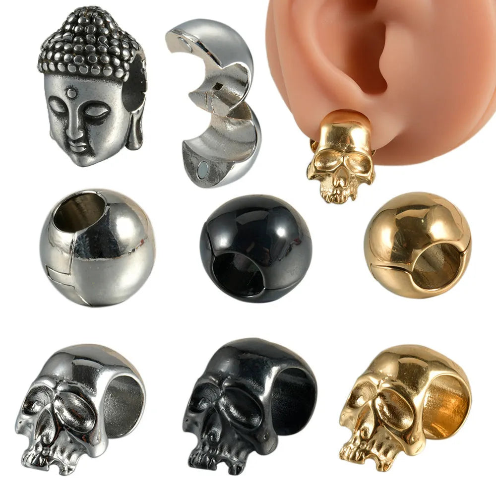 Close-up of a stainless steel hollow skull earring with an electroplated finish, shown alongside a Buddha head design option.