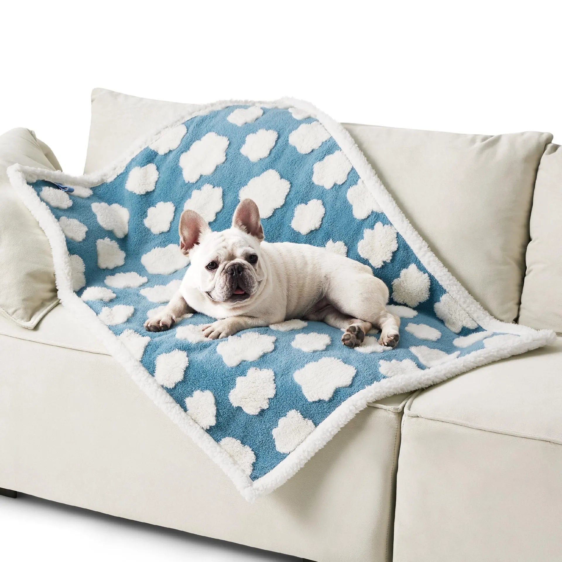 Shu cotton thickened waterproof pet blanket in blue sky white clouds pattern showing soft texture