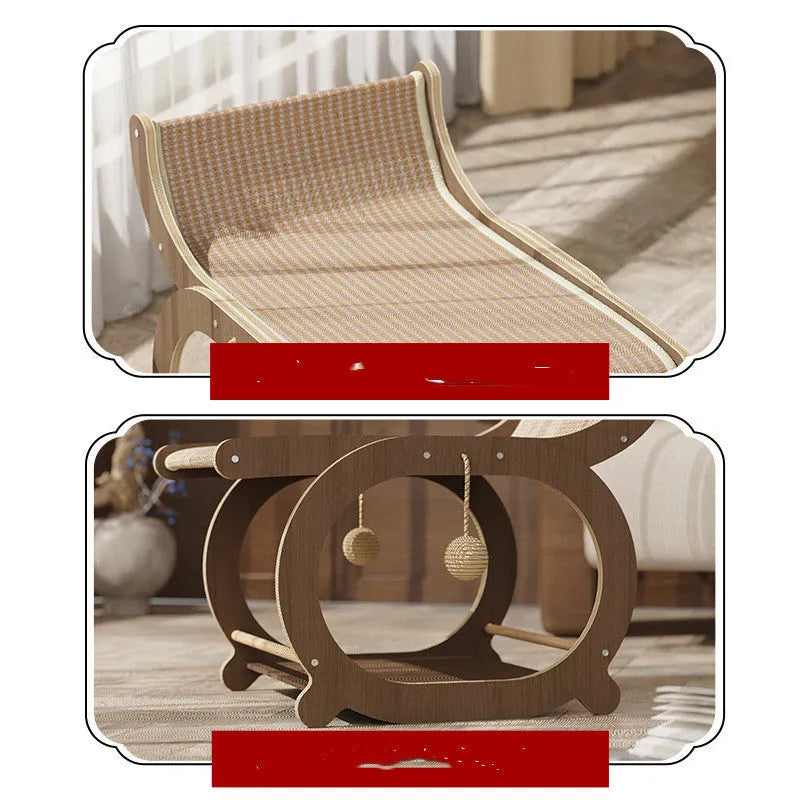 Solid wood sisal cat bed recliner in wood colour, scratch-resistant surface