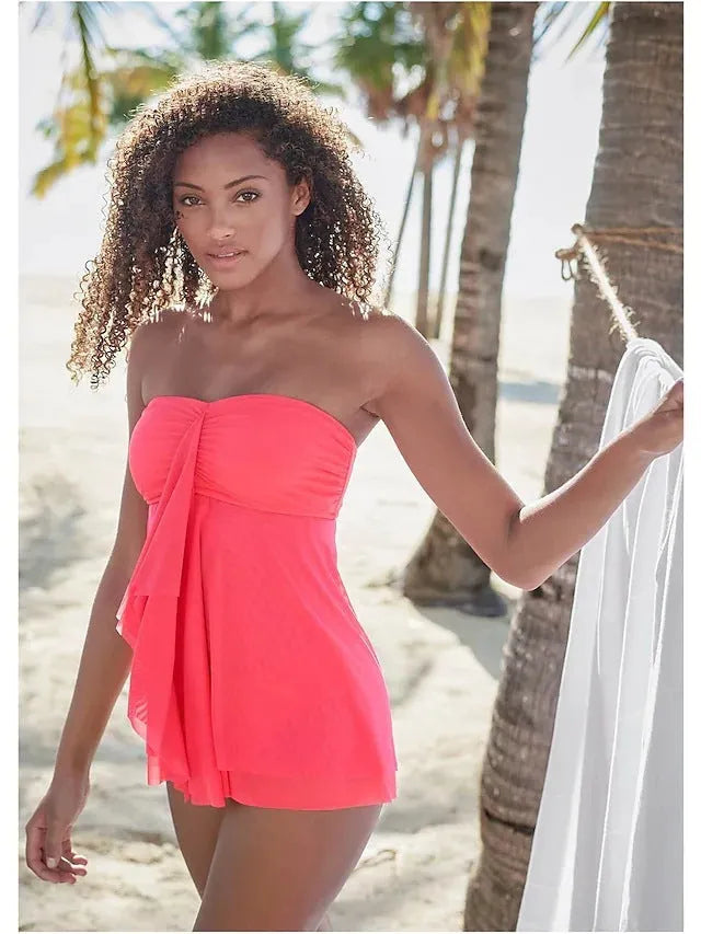 Women's solid colour strapless one-piece swimsuit on a hanger