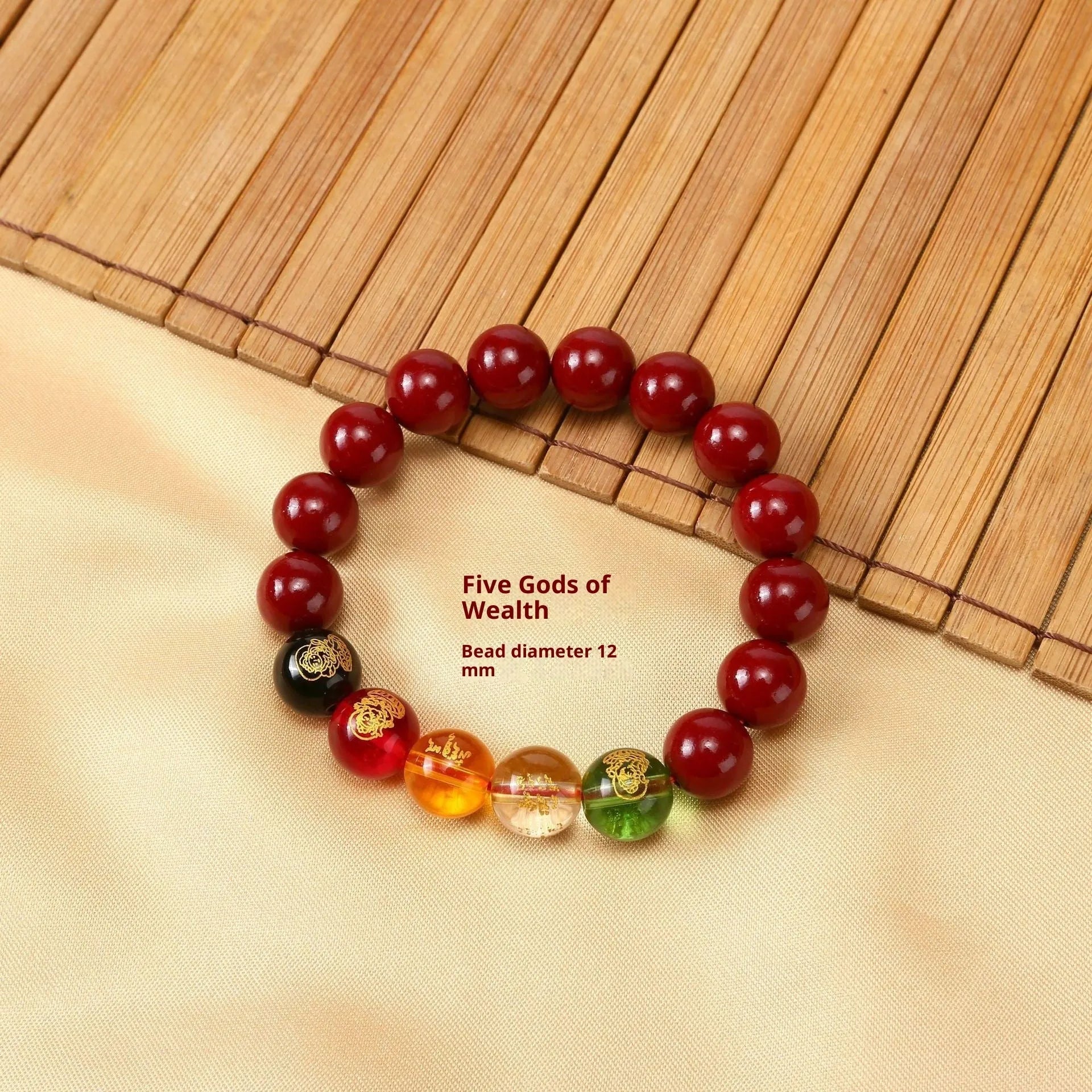 New Five Gods Of Wealth Cinnabar Bracelet in geometric bead shape, available in 8mm to 14mm sizes