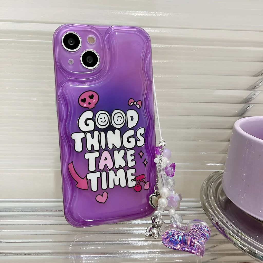 Purple graffiti English love pendant design iPhone case with attached bracelet.