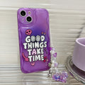 Purple graffiti English love pendant design iPhone case with attached bracelet.